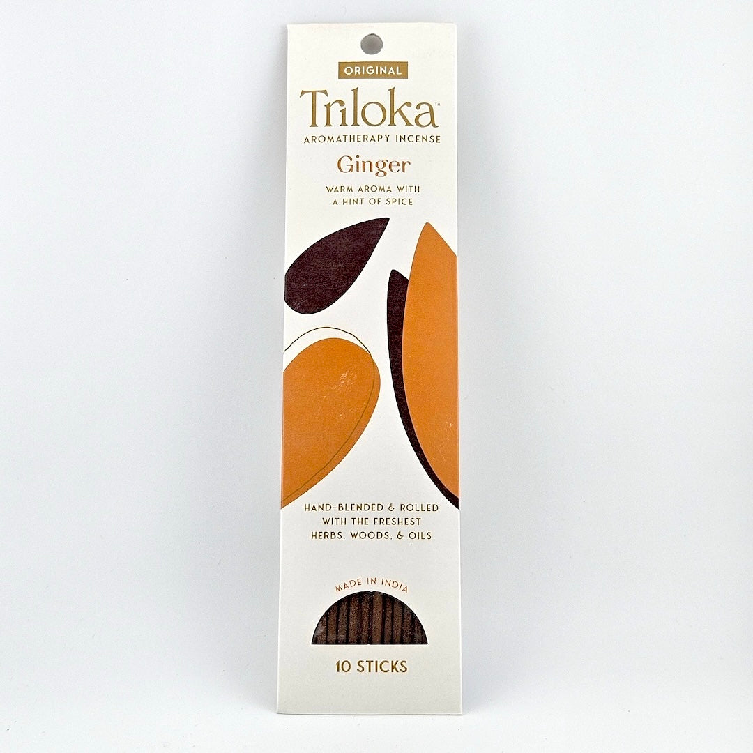 White rectangular package for 10 incense sticks, three leaves in center framed by product information.