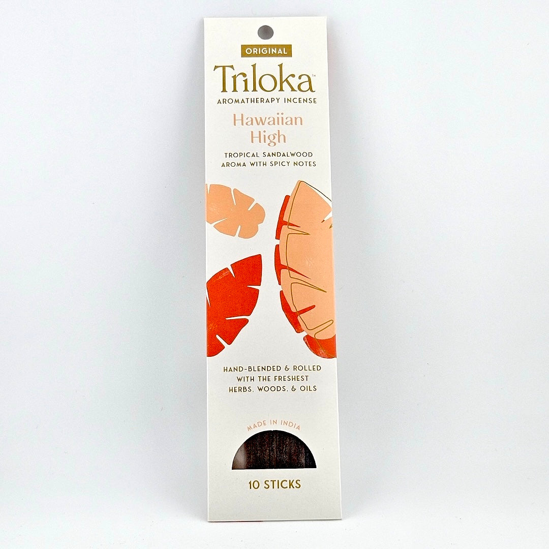 White rectangular package for 10 incense sticks, three leaves in center framed by product information.