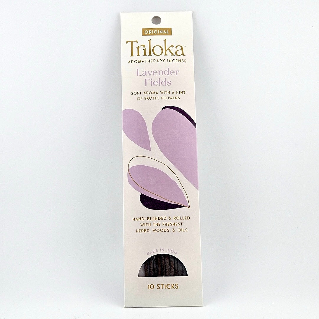 White rectangular package for 10 incense sticks, geometric graphics in center framed by product information.