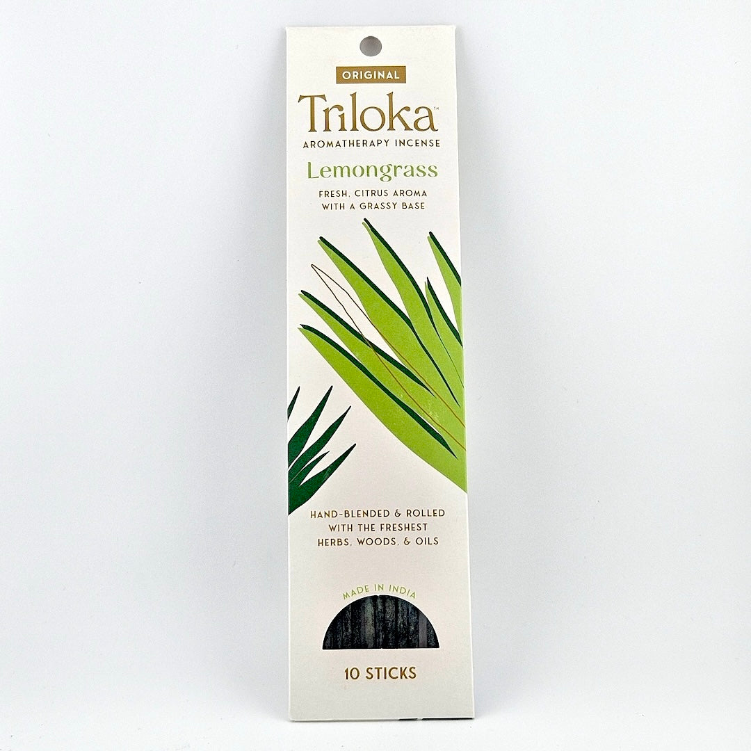 White rectangular package for 10 incense sticks, geometric graphics in center framed by product information.