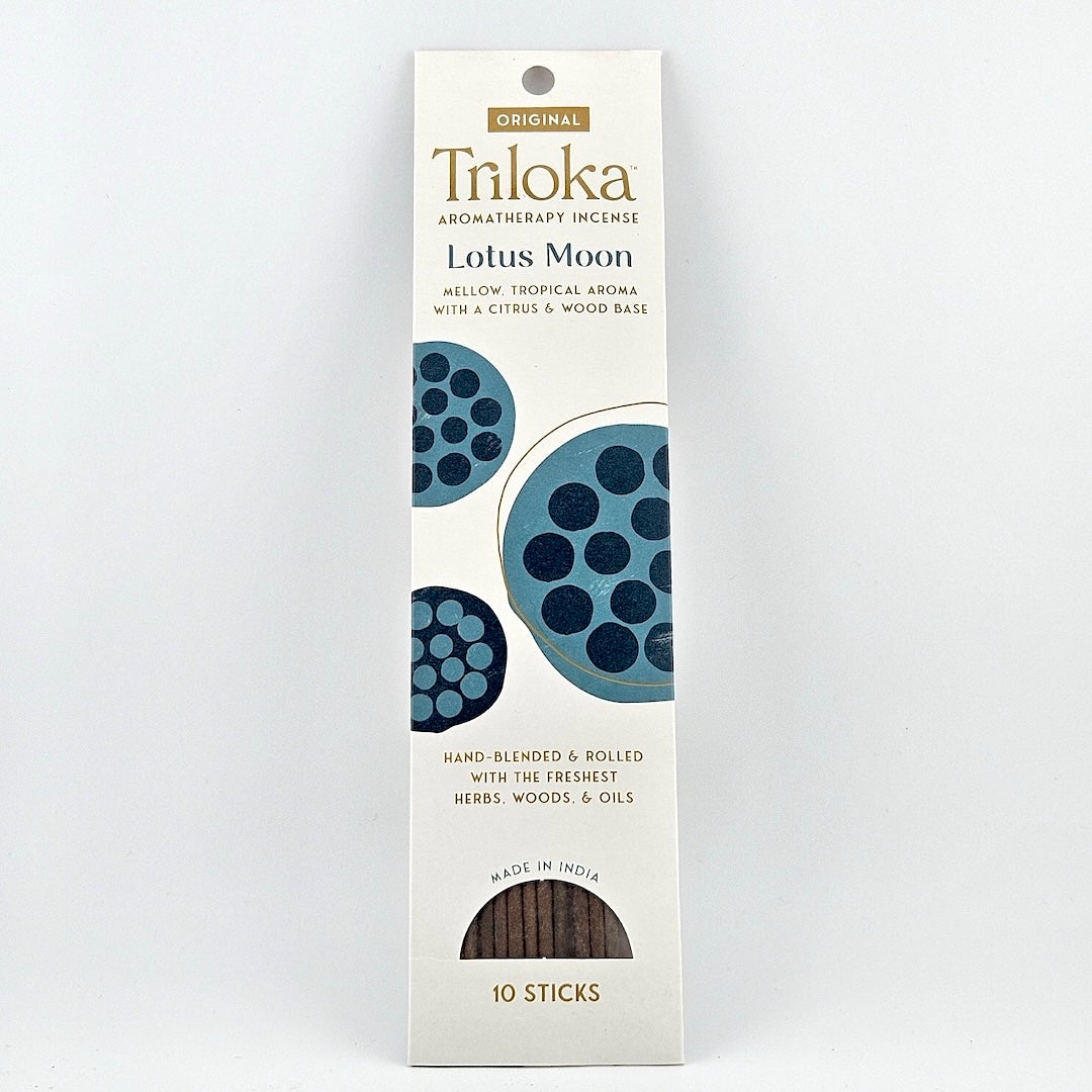 White rectangular package for 10 incense sticks, geometric graphics in center framed by product information.