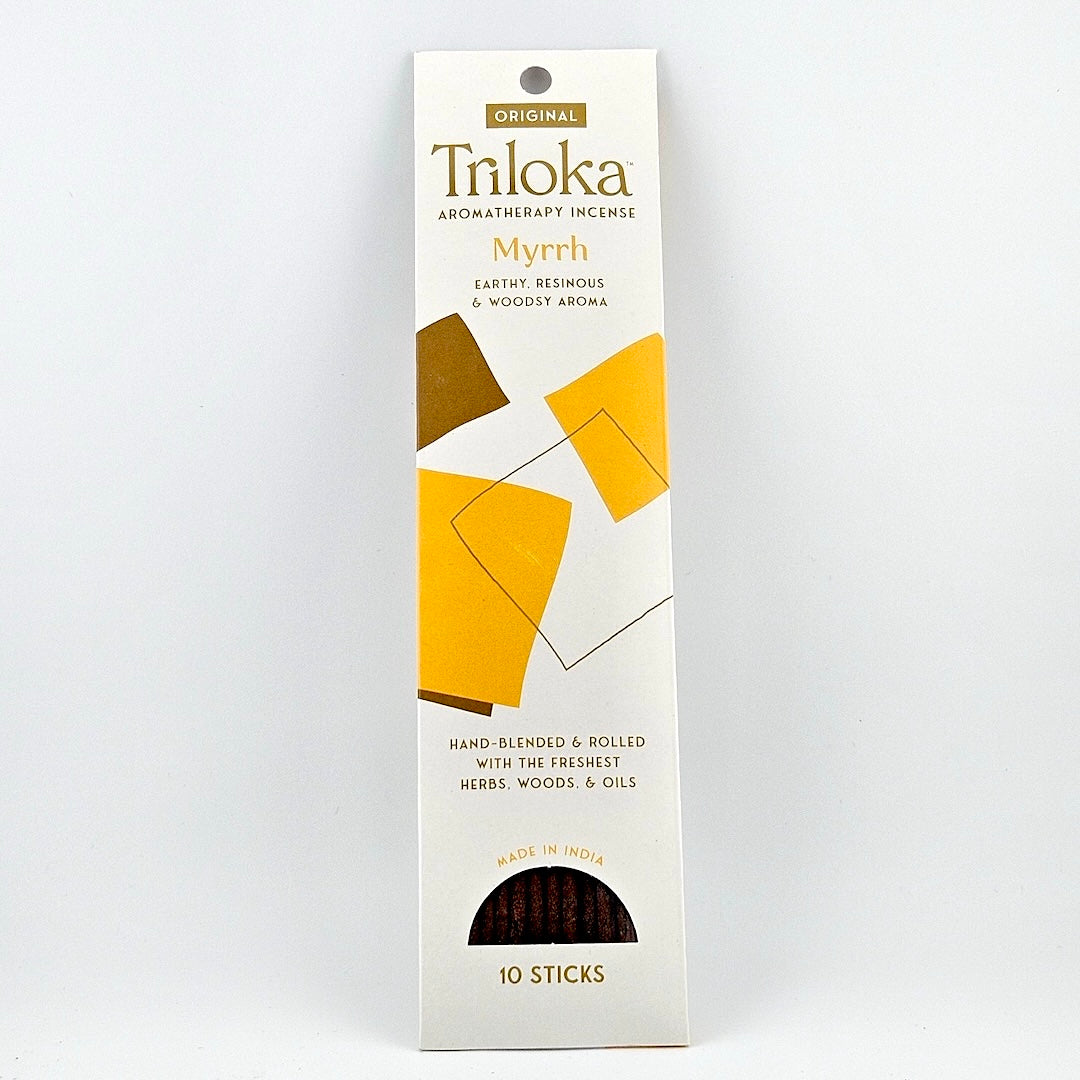 White rectangular package for 10 incense sticks, geometric graphics in center framed by product information.