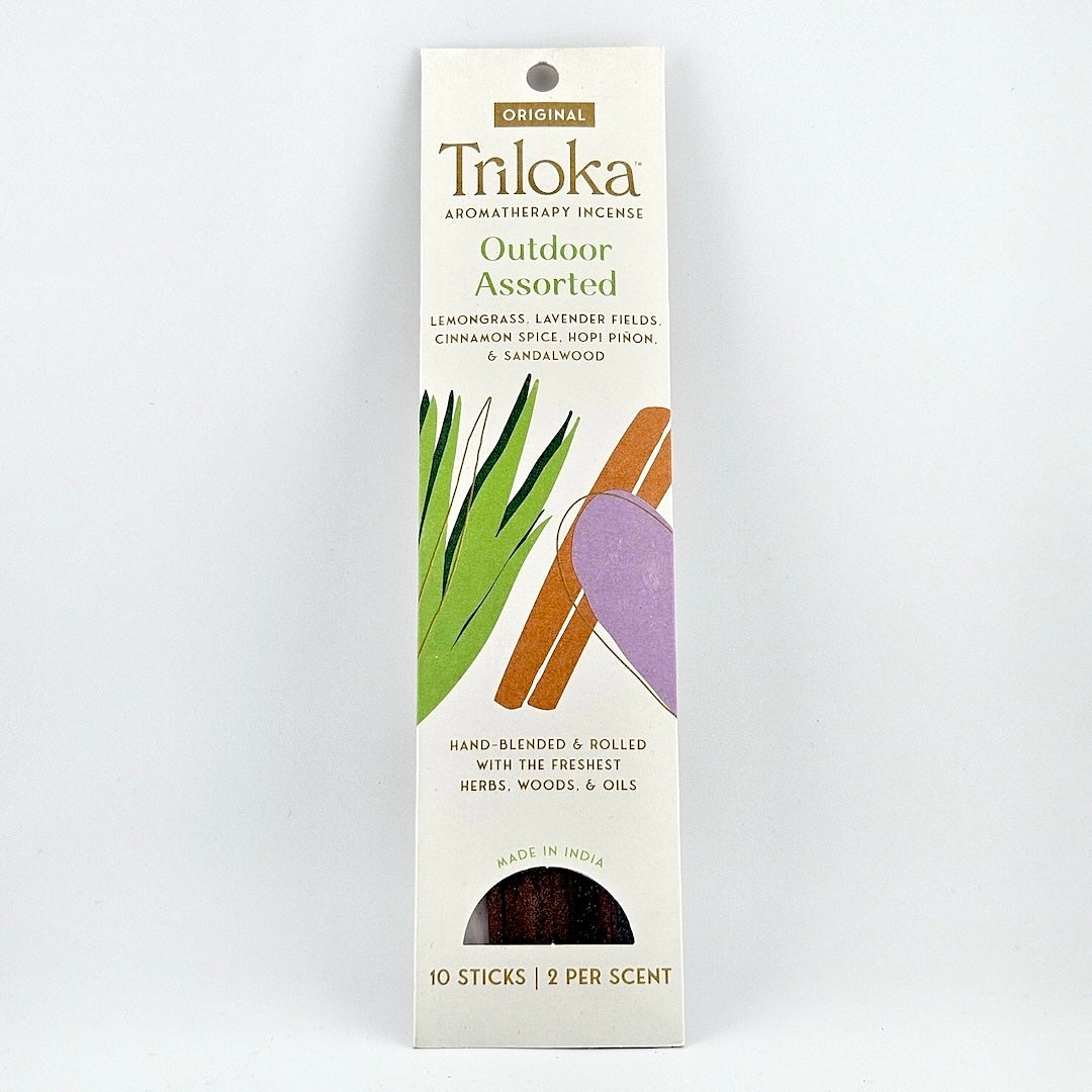 White rectangular package for 10 incense sticks, geometric graphics in center framed by product information.
