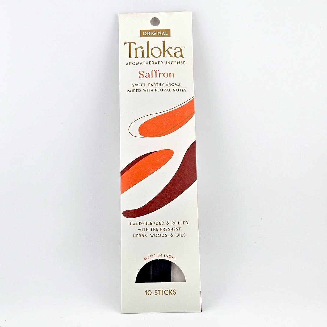 White rectangular package for 10 incense sticks, geometric graphics in center framed by product information.