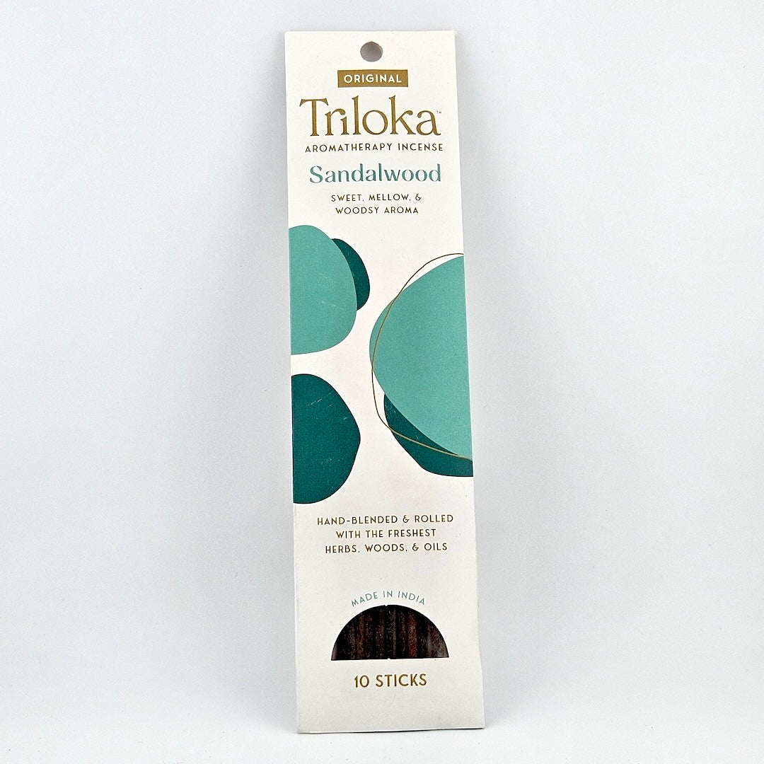 White rectangular package for 10 incense sticks, geometric graphics in center framed by product information.