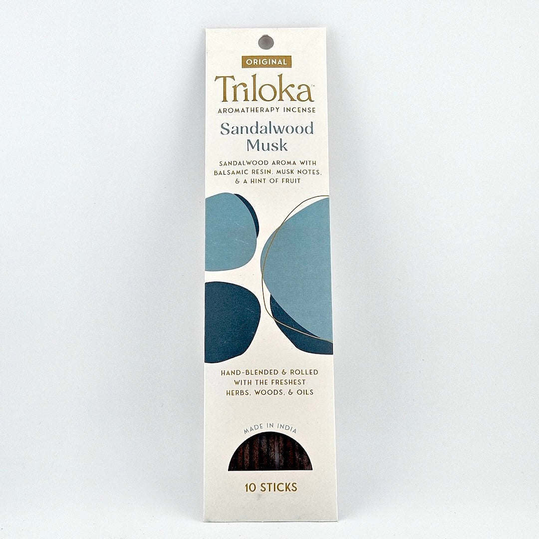 White rectangular package for 10 incense sticks, geometric graphics in center framed by product information.