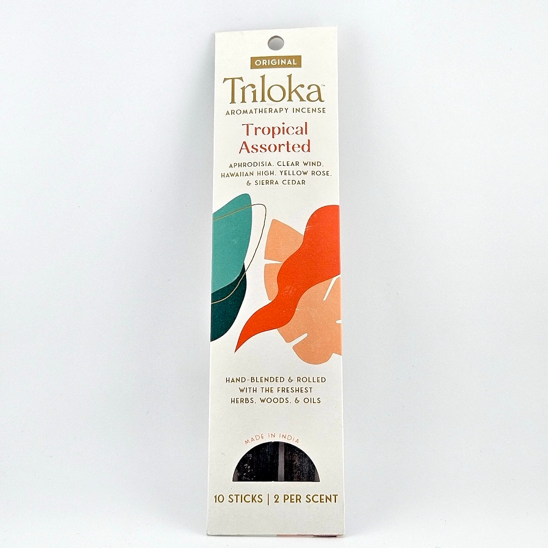 White rectangular package for 10 incense sticks, geometric graphics in center framed by product information.