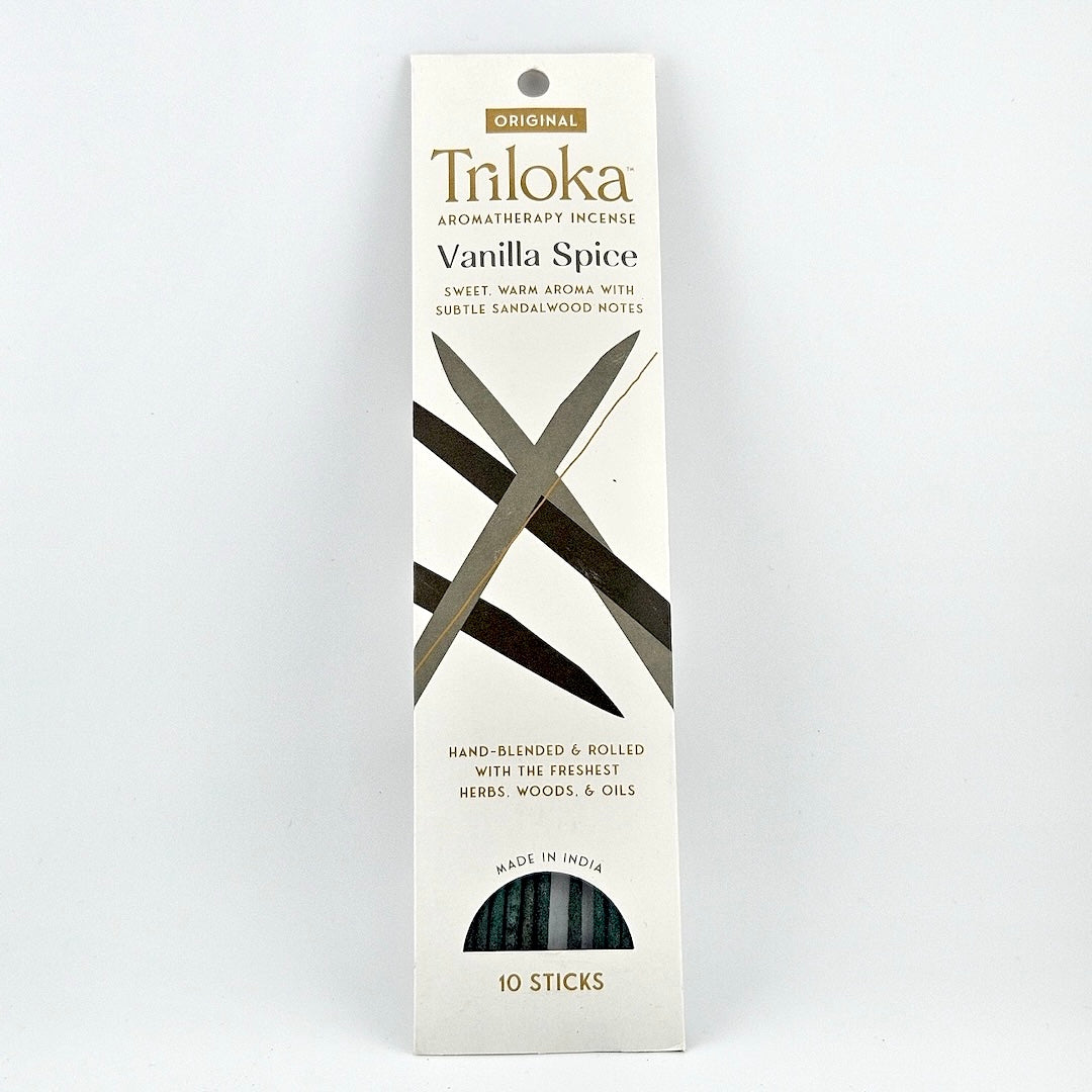 White rectangular package for 10 incense sticks, geometric graphics in center framed by product information.