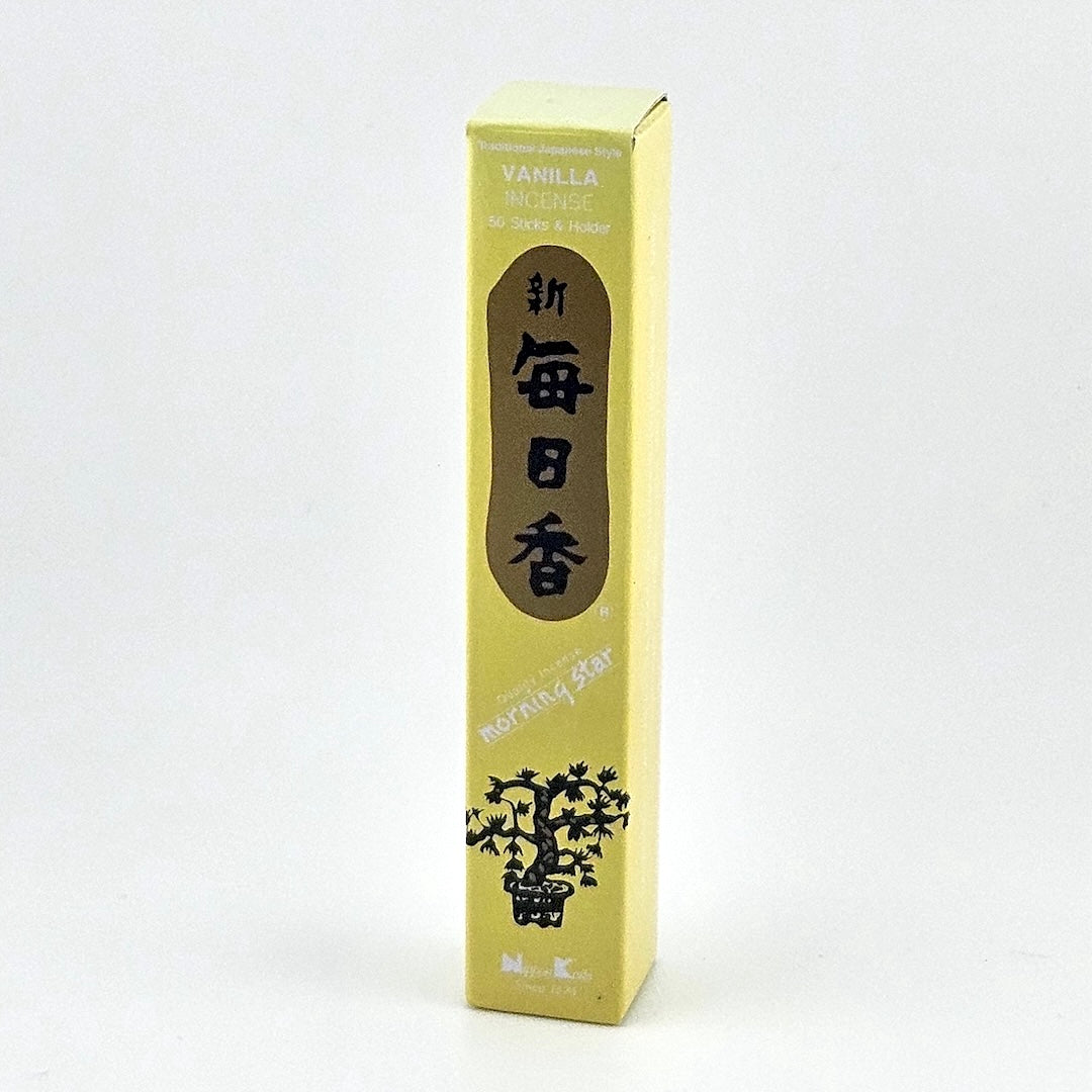 light yellow box of 50 incense sticks with Japanese writing above bonsai tree packaging on gray background.