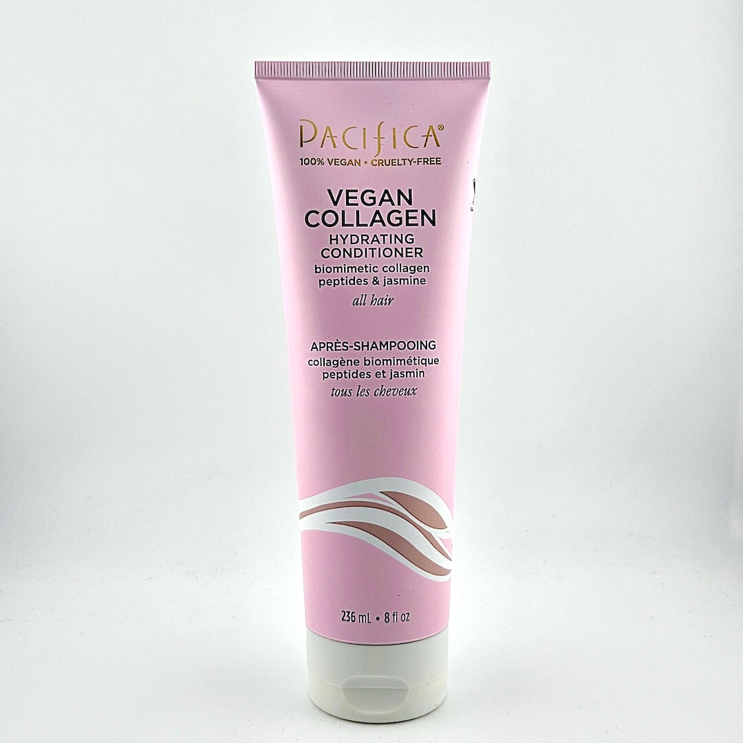Pink tube of Pacifica Vegan Collagen Hydrating Conditioner on a white background
