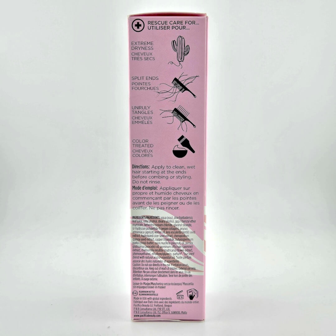 Pink hair care product packaging with text and illustrations on a white background