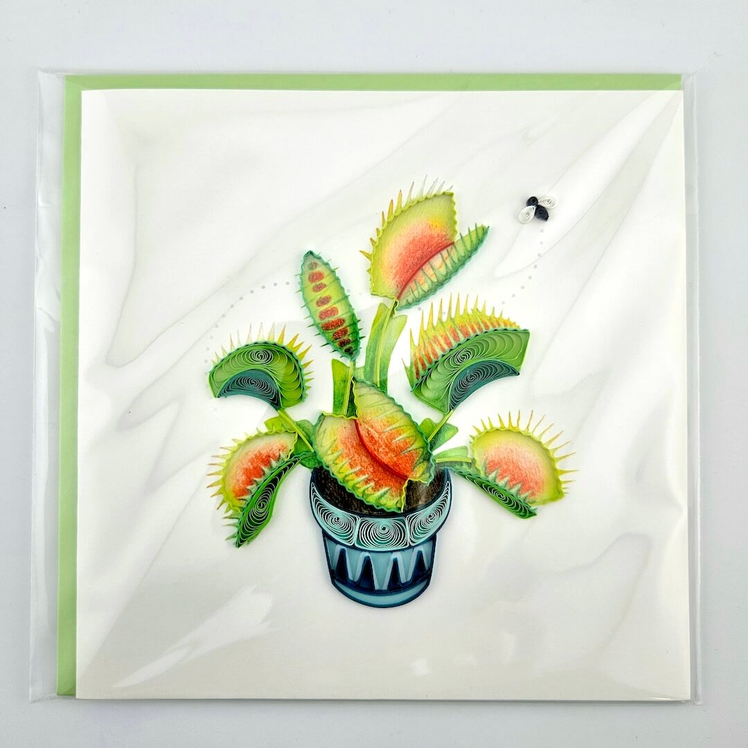 Card with a Venus flytrap illustration on a white background