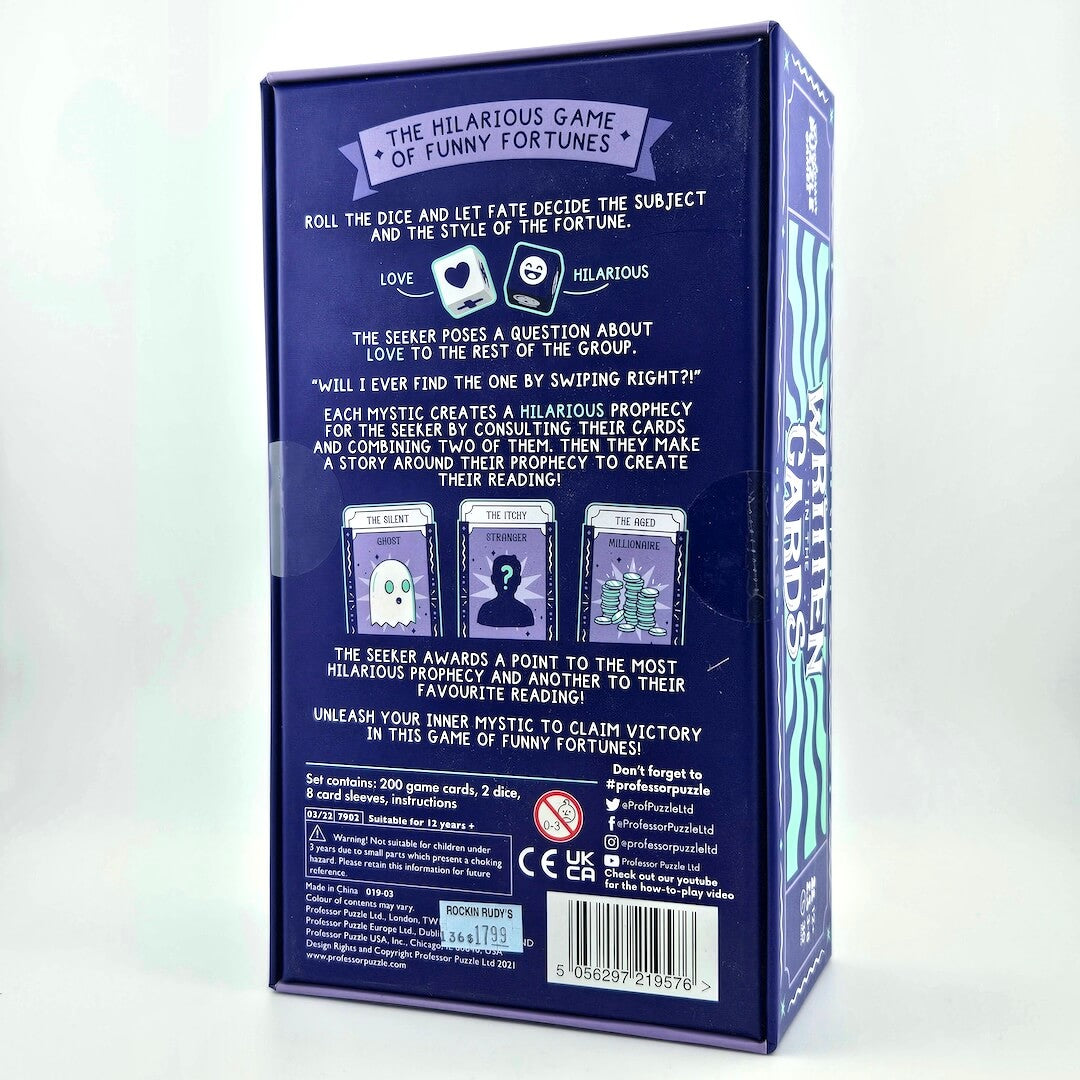 Back of a card game box with text and illustrations on a white background