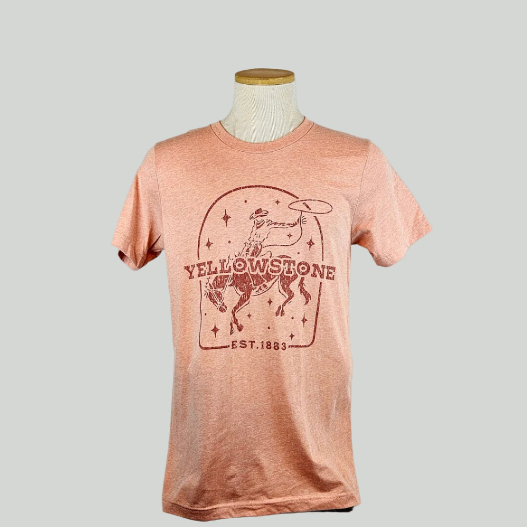 Pink t-shirt with Yellowstone graphic on a mannequin against a white background