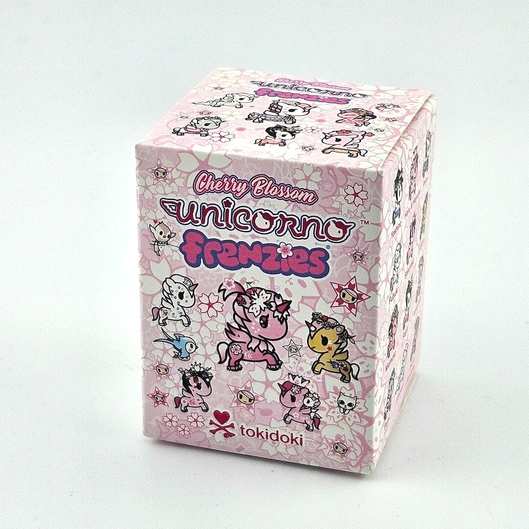 tokidoki Cherry Blossom Unicorno Frenzies toy box on a light gray background