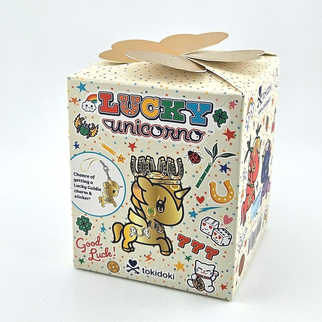 Lucky Unicorn toy packaging with colorful graphics and text on a white background