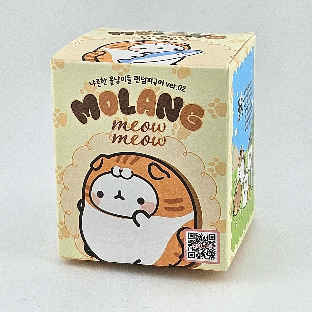 Cartoon cat-themed product packaging with 'Molang meow meow' text on a light gray background