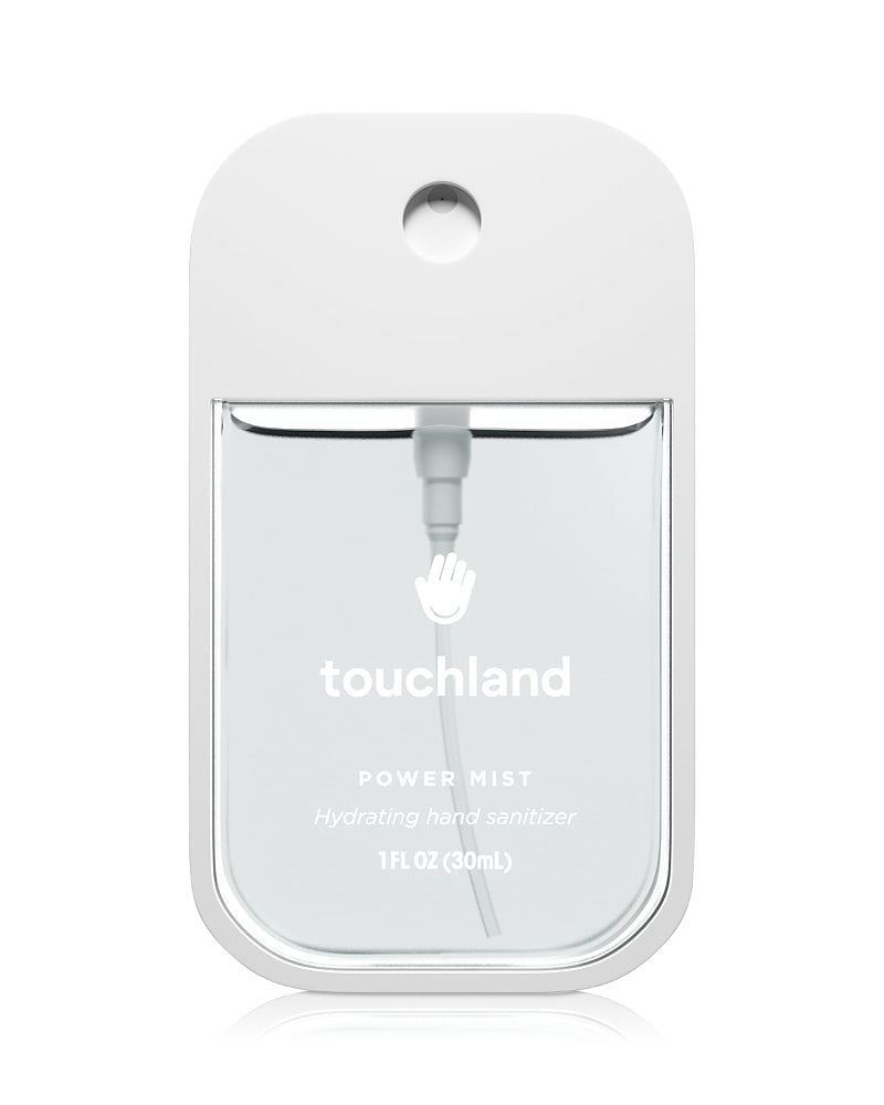 Spray hand sanitizer in white packaging against white background. 