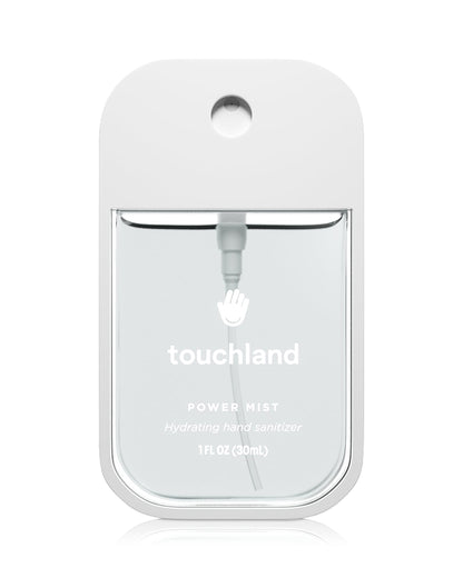Spray hand sanitizer in white packaging against white background. 