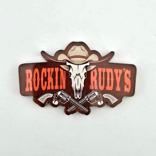 Logo of Rockin Rudy's with a skull and crossed revolvers on a white background