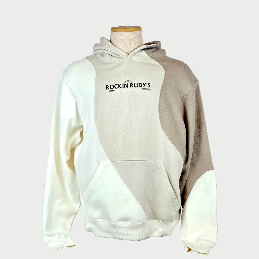 Two-tone hoodie with 'Rockin Rudy's' logo on a mannequin against a plain background
