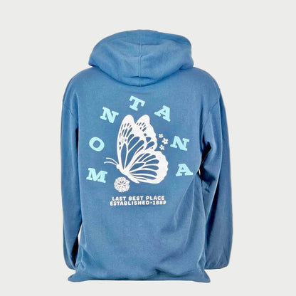 Blue hoodie with butterfly graphic and text on a white background