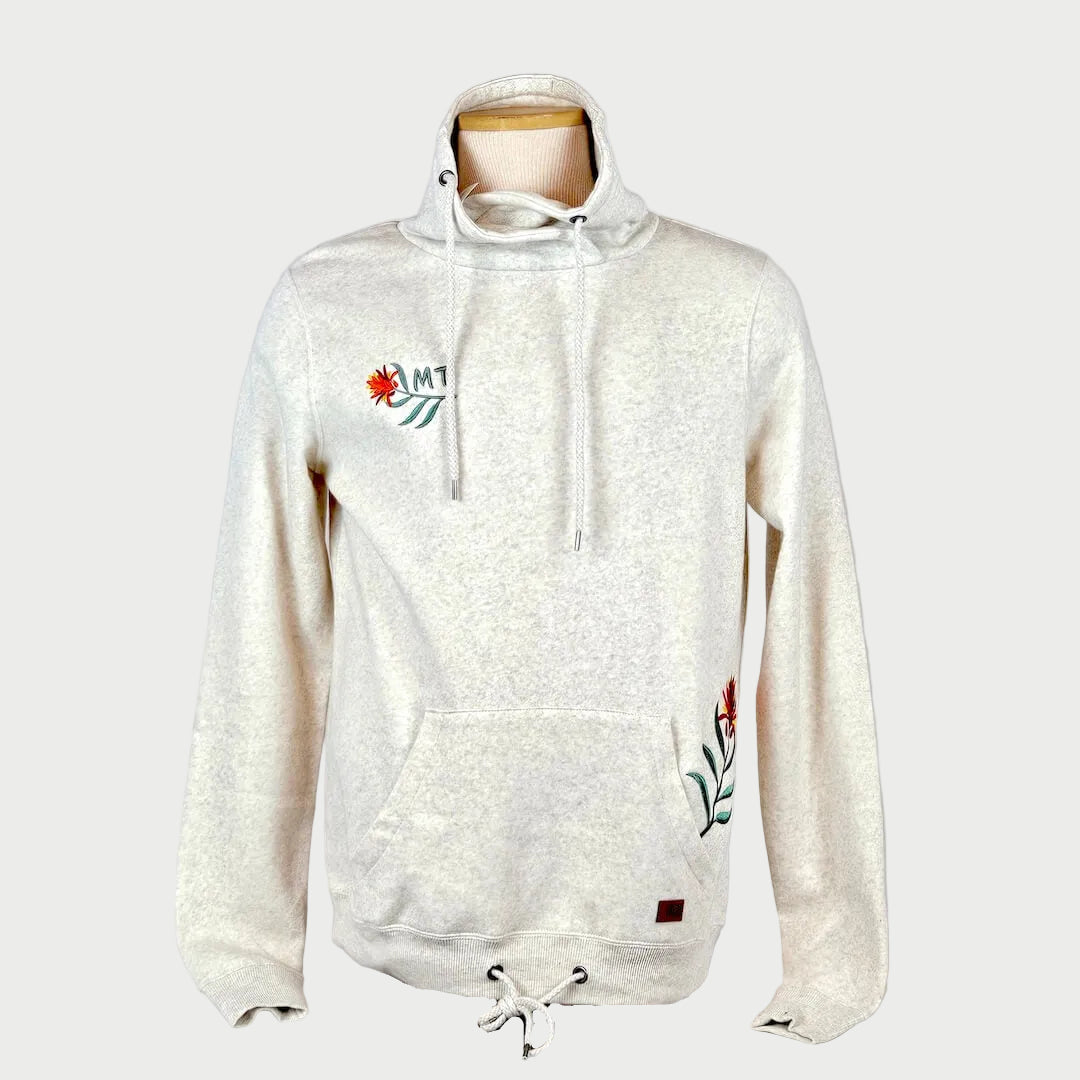 White hoodie with a logo on a mannequin against a white background