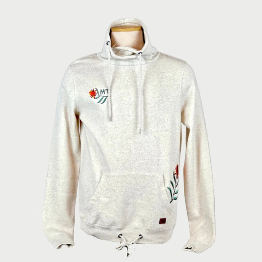 White hoodie with a logo on a mannequin against a white background