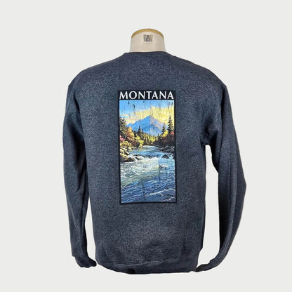 Blue sweatshirt with a mountain and river graphic on a mannequin against a white background