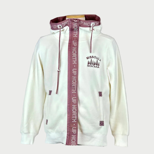 White hoodie with maroon accents and 'Missoula Montana' text on a white background
