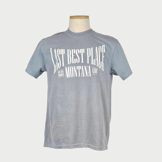 Gray t-shirt with 'Last Best Place Montana' text on a mannequin against a white background