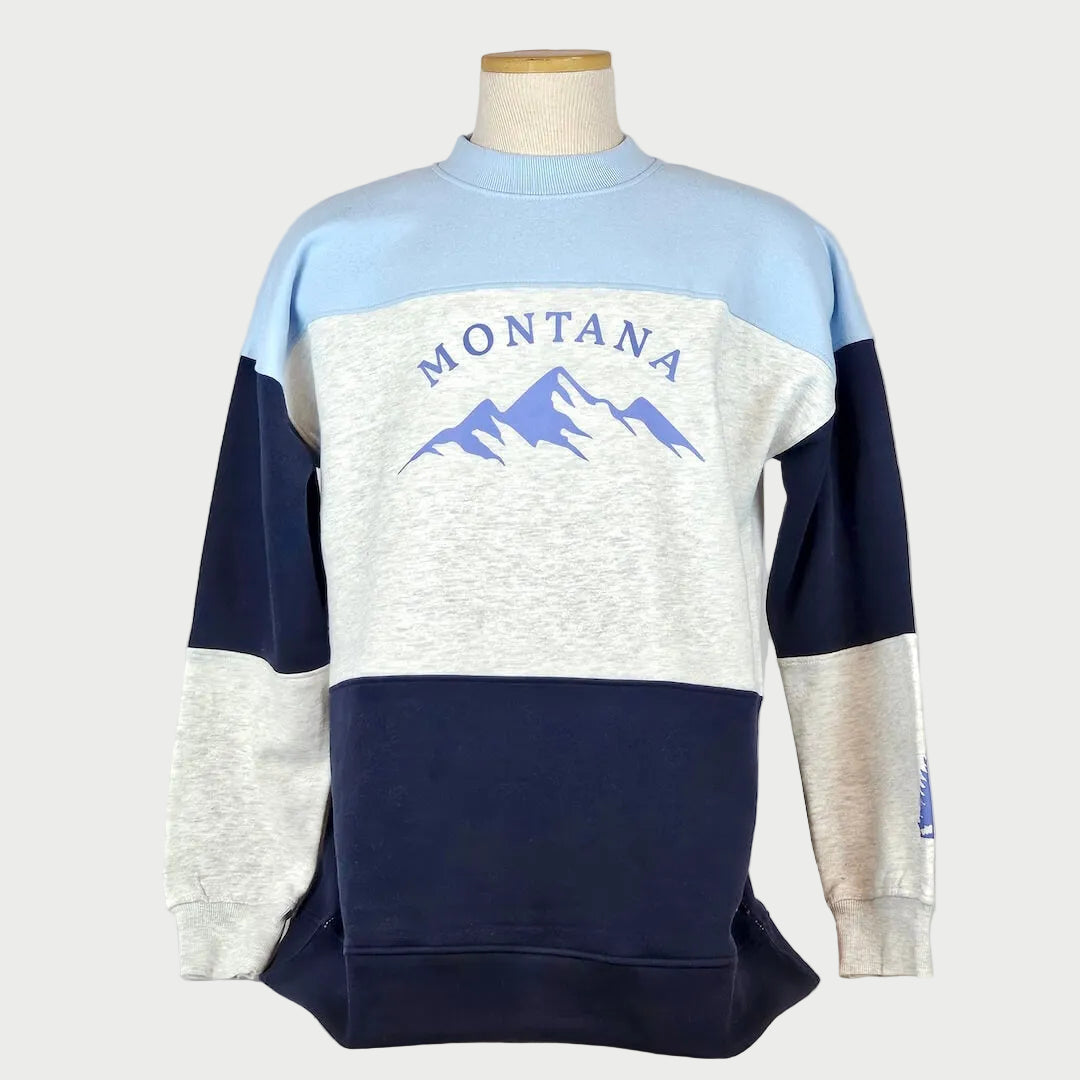 Sweatshirt with 'Montana' and mountain design on a mannequin against a plain background