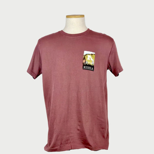 Maroon t-shirt with a graphic on a mannequin against a white background