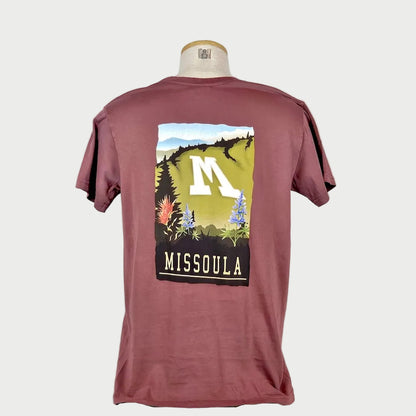 Maroon t-shirt with 'Missoula' graphic on a mannequin against a white background