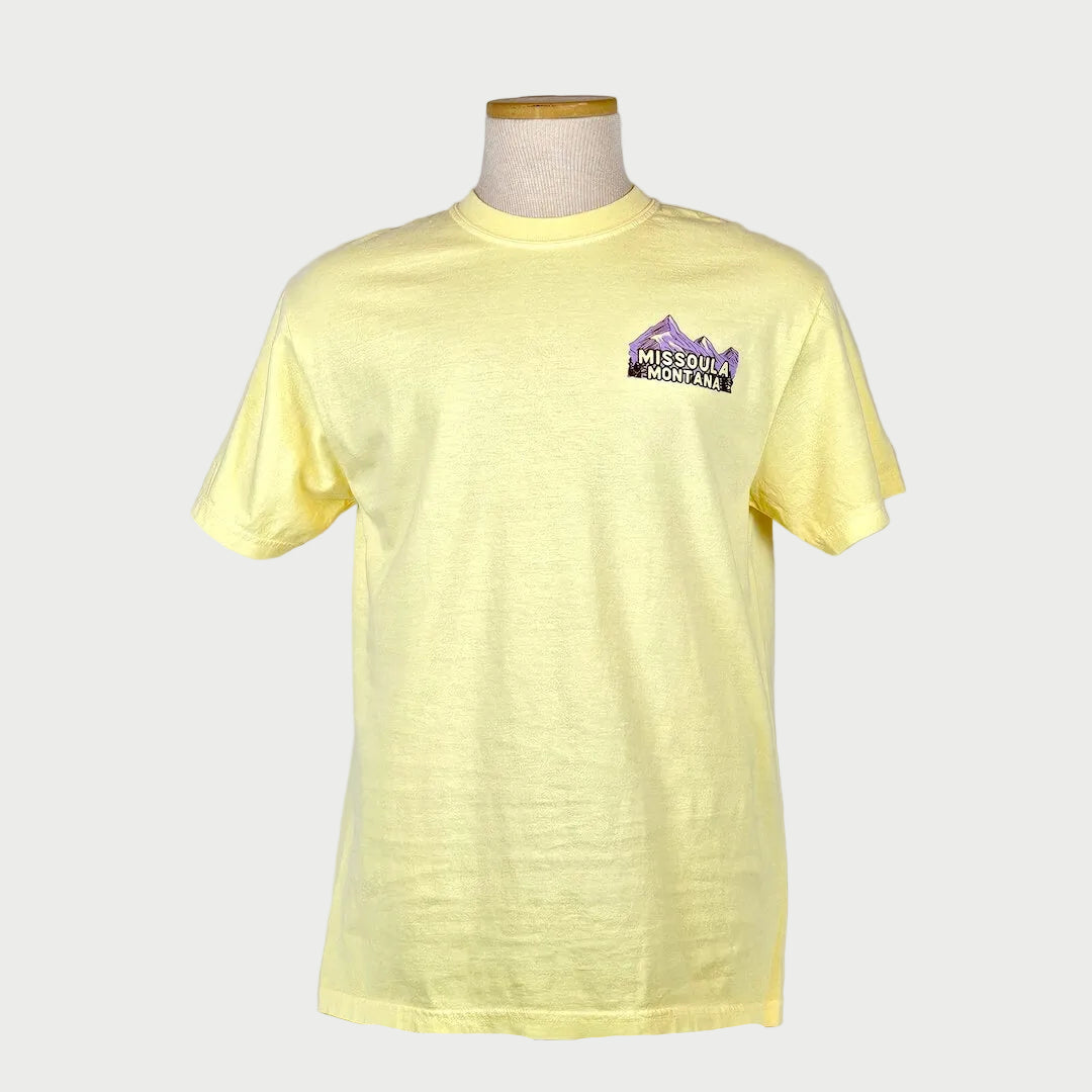 Yellow t-shirt with a logo on a mannequin against a white background