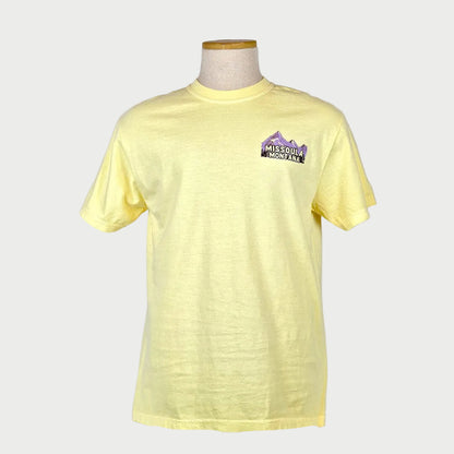 Yellow t-shirt with a logo on a mannequin against a white background