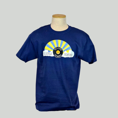 Navy blue t-shirt with a graphic design on a mannequin against a white background