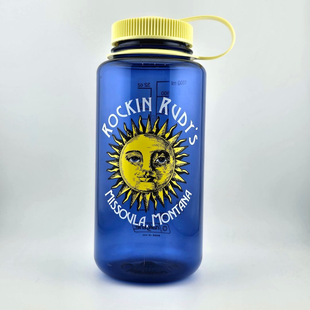 Blue water bottle with yellow lid featuring a sun design and text on a white background