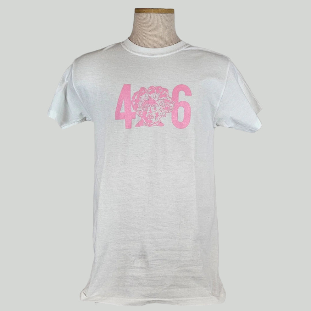 White t-shirt with pink "406" across chest, in place of the "0" as bust of man with broccoli/trees for hair in sketch style