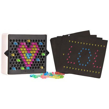 Lite brite and stencils with colorful pegs against white background.