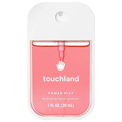 Pink hand sanitizer in white packaging against white background. 