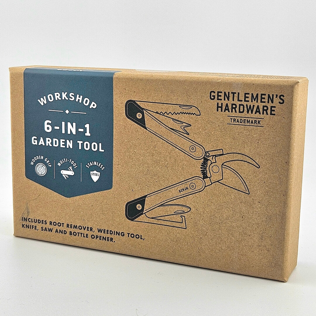 Box for 6-in-1 garden tool against white background. 