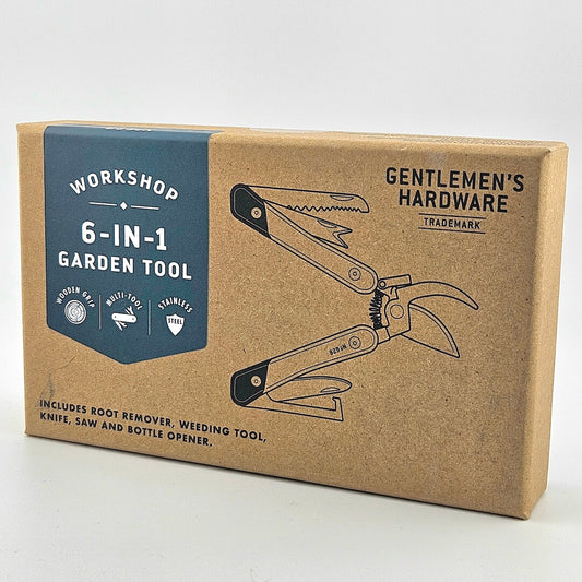 Box for 6-in-1 garden tool against white background. 