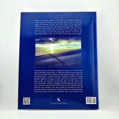 Back cover of a book with text and a scenic image on a white background