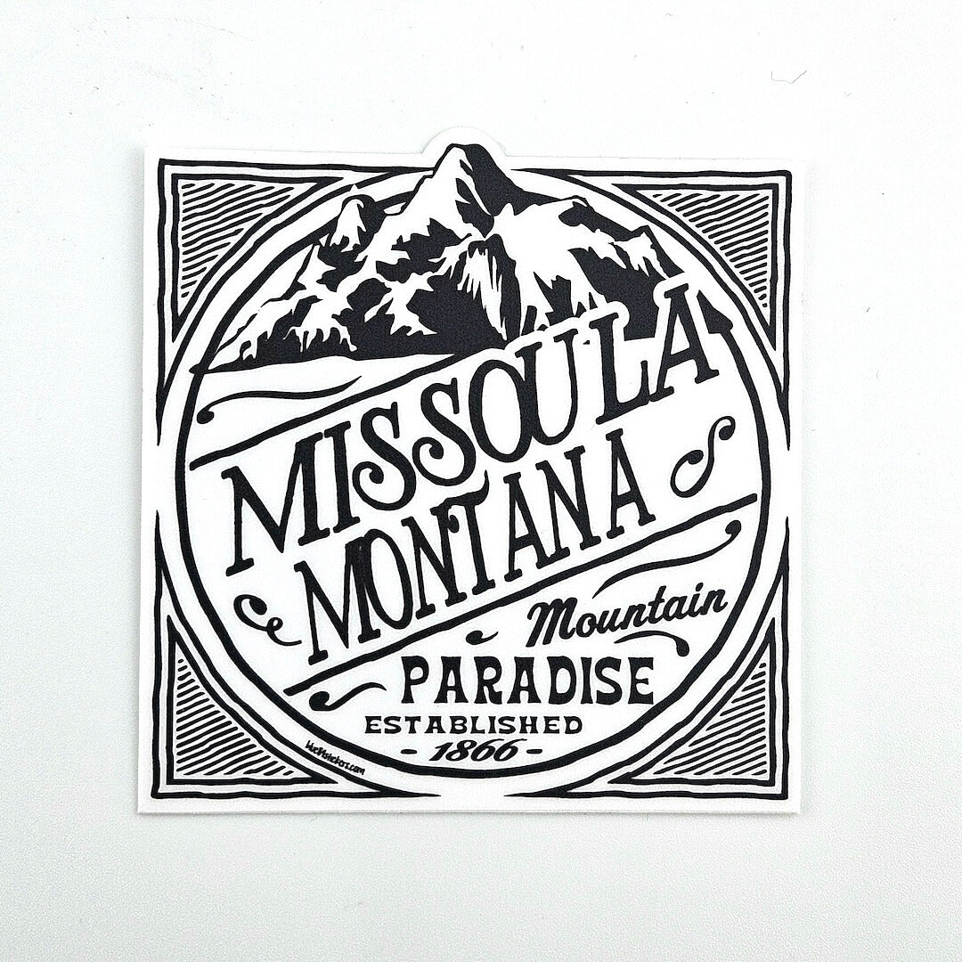 Black and white graphic of Missoula, Montana with mountain illustration on a white background