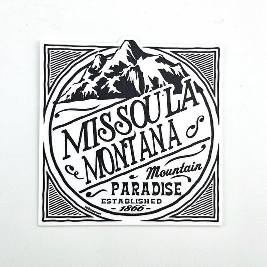 Black and white graphic of Missoula, Montana with mountain illustration on a white background