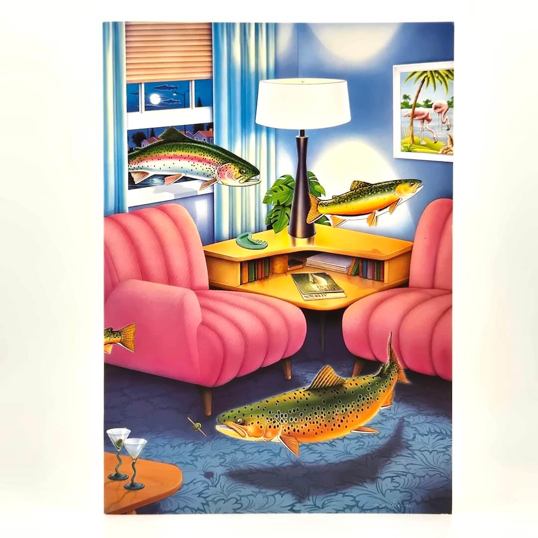 Colorful interior design with pink chairs, a yellow table, and fish graphics.