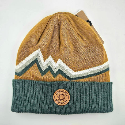 Knitted beanie with mountain design and brand logo on a white background