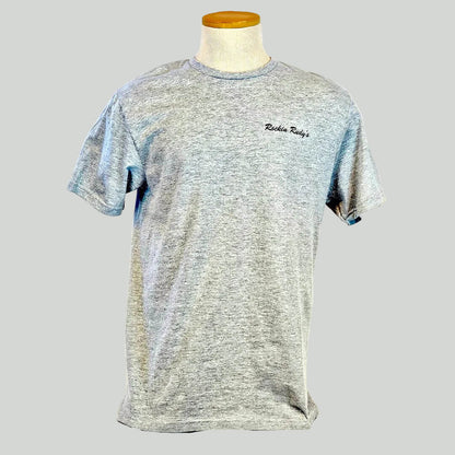 Gray t-shirt with 'Rockin' Rudy' logo on a mannequin against a white background
