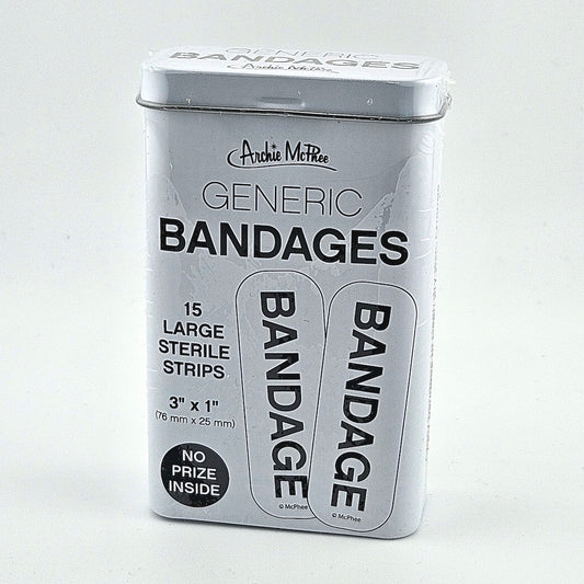 Box of generic bandages with 'Archie McPhee' branding on a white background